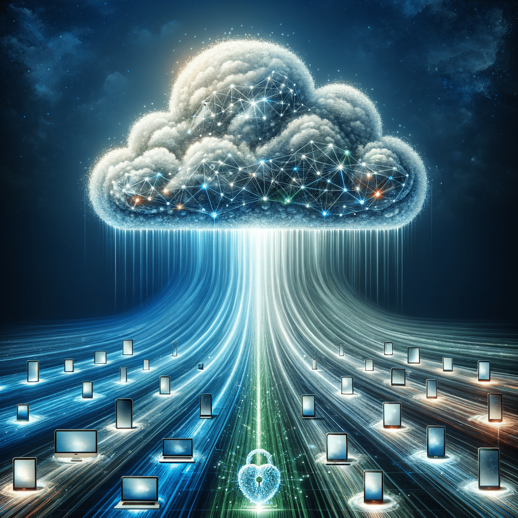 Cloud with digital data streams connected to laptops, tablets, and smartphones, with icons for scalability, accessibility, and data storage benefits of cloud computing.