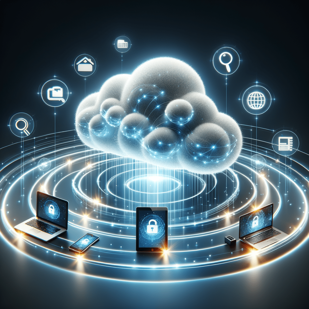 Cloud with digital data streams connected to laptops, tablets, and smartphones, with icons for scalability, accessibility, and data storage benefits of cloud computing.