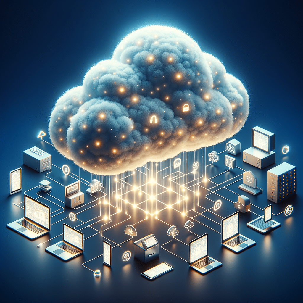 Cloud with digital data streams connected to laptops, tablets, and smartphones, with icons for scalability, accessibility, and data storage benefits of cloud computing.