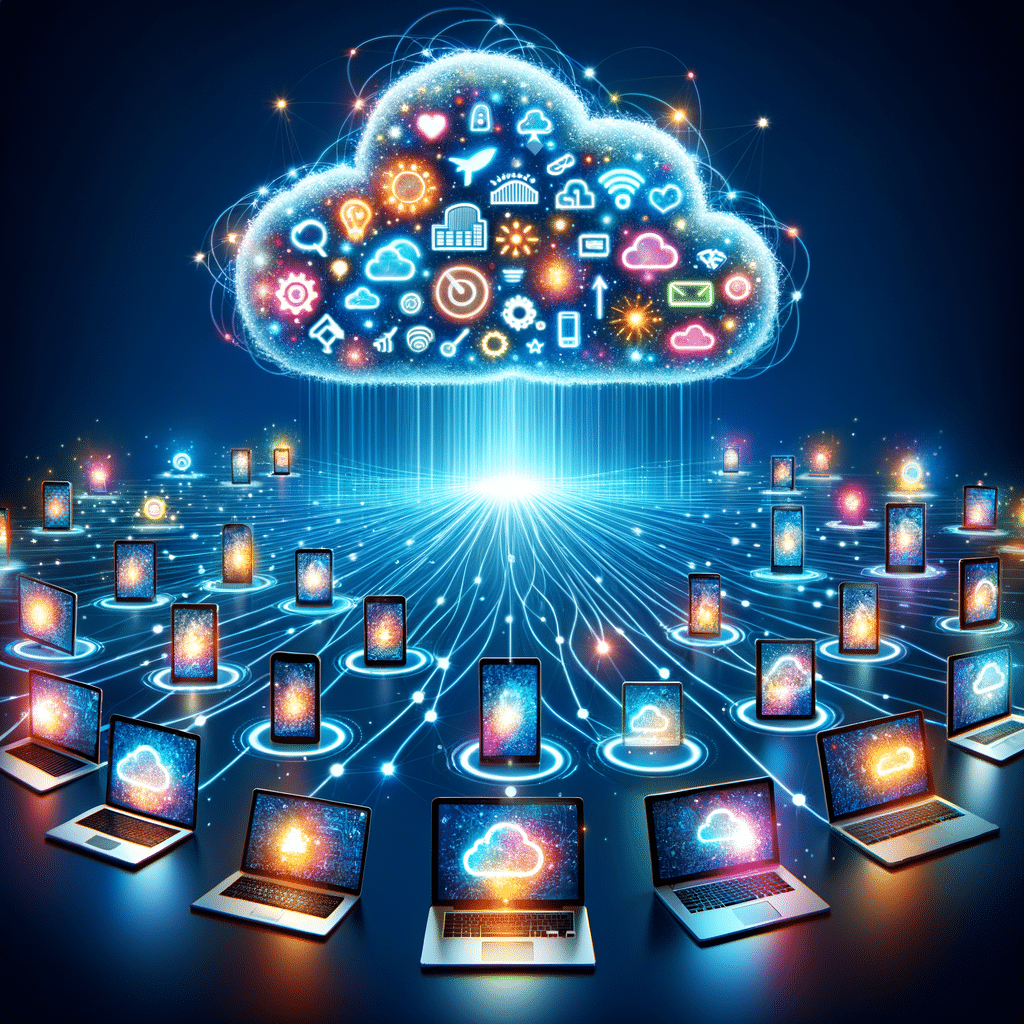 Cloud with digital data streams connected to laptops, tablets, and smartphones, with icons for scalability, accessibility, and data storage benefits of cloud computing.
