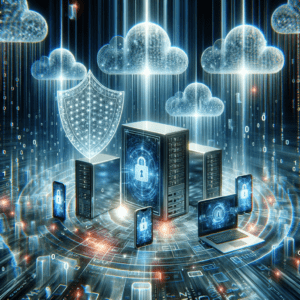 Digital lock protecting devices like smartphones, laptops, and cloud servers with holographic shields and binary codes symbolizing advanced cybersecurity measures.