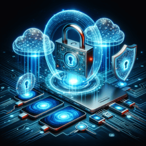 Digital lock protecting devices like smartphones, laptops, and cloud servers with holographic shields and binary codes symbolizing advanced cybersecurity measures.