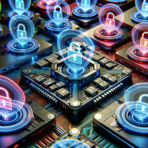 Digital lock protecting devices like smartphones, laptops, and cloud servers with holographic shields and binary codes symbolizing advanced cybersecurity measures.