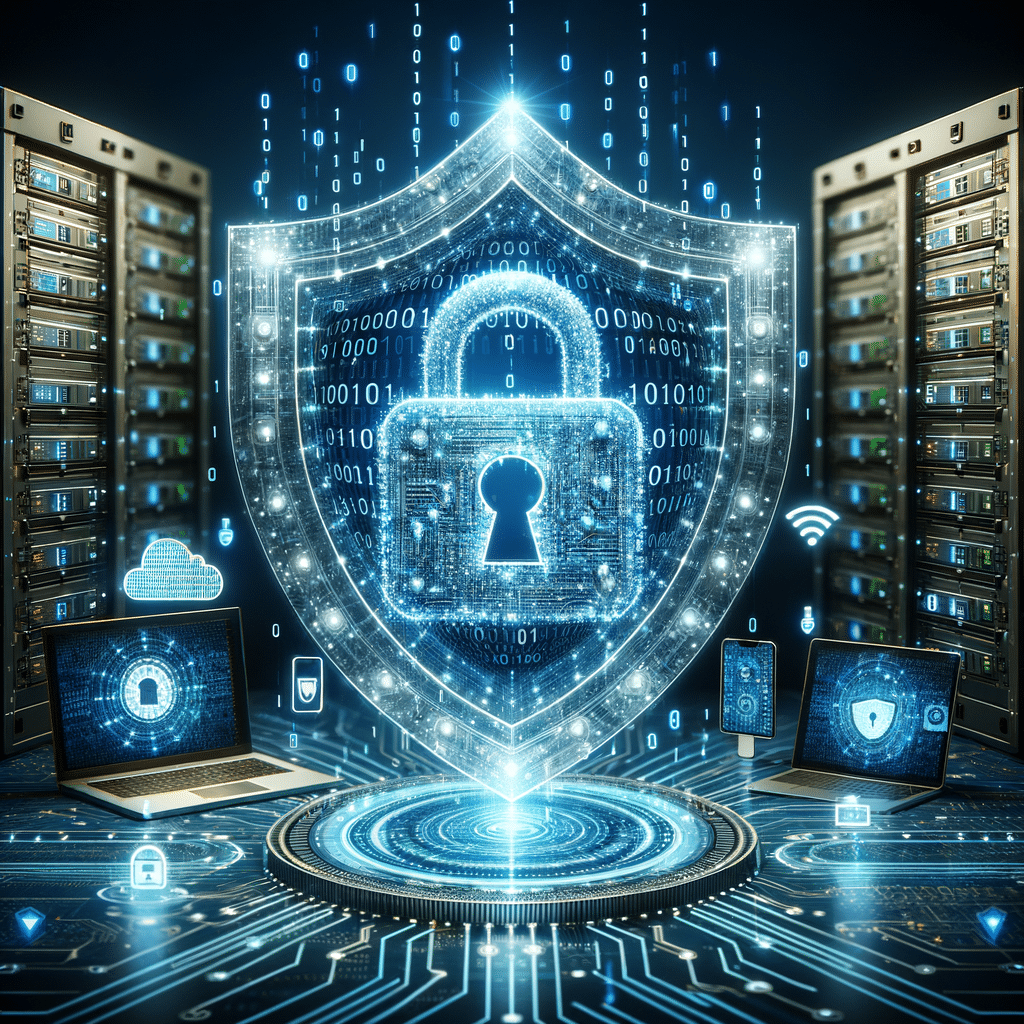 Digital lock protecting devices like smartphones, laptops, and cloud servers with holographic shields and binary codes symbolizing advanced cybersecurity measures.