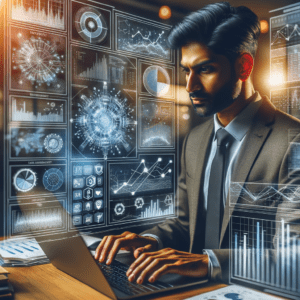 Small business owner analyzing large datasets on a computer, with charts, graphs, and data points illustrating how big data insights can drive business growth.