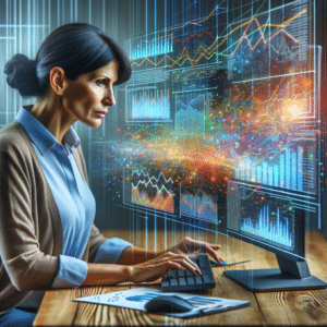 Small business owner analyzing large datasets on a computer, with charts, graphs, and data points illustrating how big data insights can drive business growth.