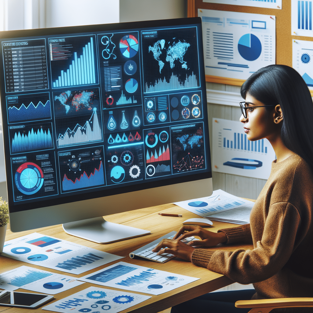 Small business owner analyzing large datasets on a computer, with charts, graphs, and data points illustrating how big data insights can drive business growth.