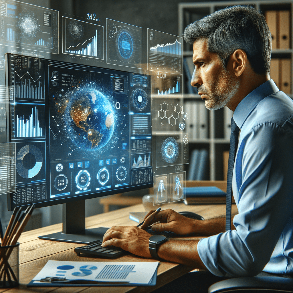 Small business owner analyzing large datasets on a computer, with charts, graphs, and data points illustrating how big data insights can drive business growth.