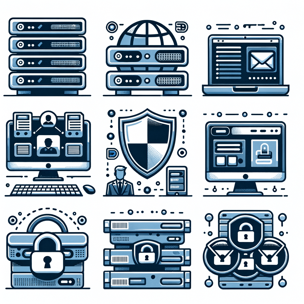 versatile, modern images featuring servers, computers, website interfaces, domain registration forms, security shields, and professional email icons. The style should be clean and professional, with a friendly, approachable feel. Each image should fit various web hosting, website building, and online security topics.