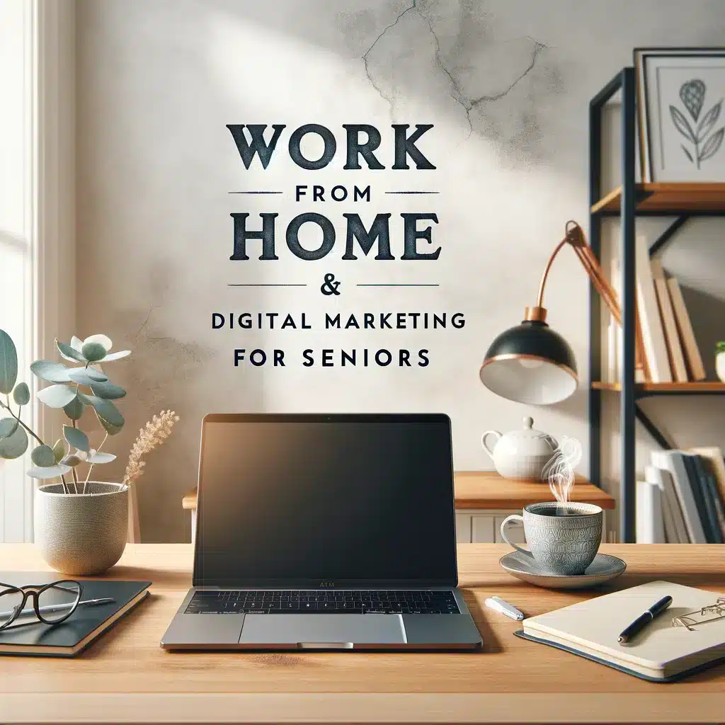 A captivating featured image for a blog post about working from home and digital marketing for seniors. The image should include a modern home office