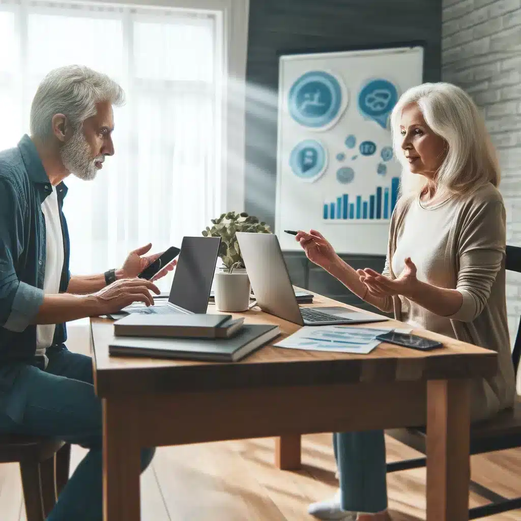 A dynamic image of a senior couple working together on digital marketing projects from home, both using laptops and discussing ideas. The home office 