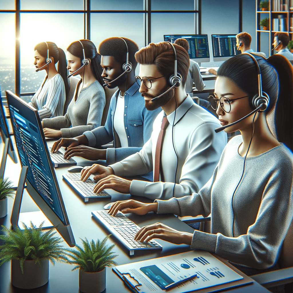 A photorealistic image of a diverse team of customer support agents working collaboratively in a modern office. Each agent has a headset and is focused on their tasks, with multiple computer screens showing hosting dashboards, live chat conversations, and email inquiries. The atmosphere is vibrant and energetic, reflecting a high level of teamwork and efficiency. Branding elements of a hosting reseller company are visible on the office walls.
