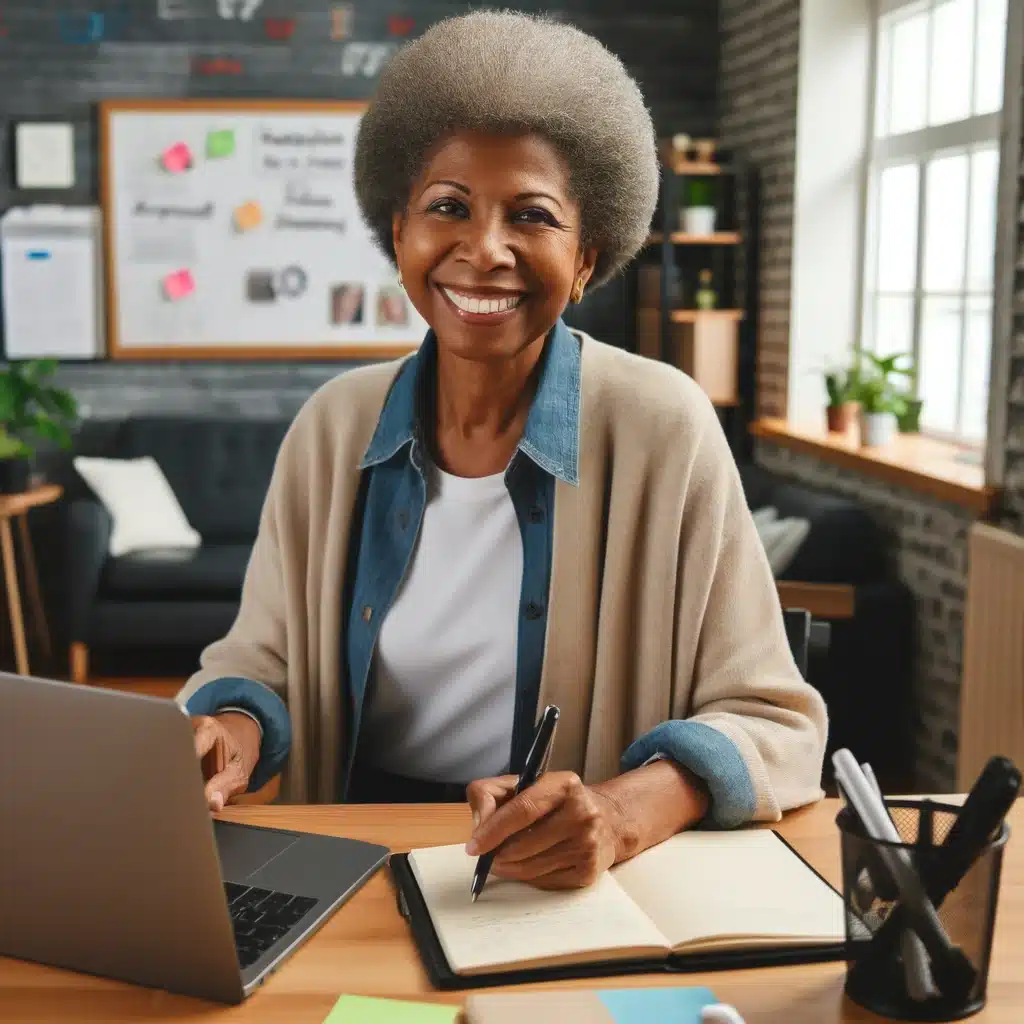 A senior African American woman happily working on a digital marketing project, sitting at her desk with a laptop and a notebook
