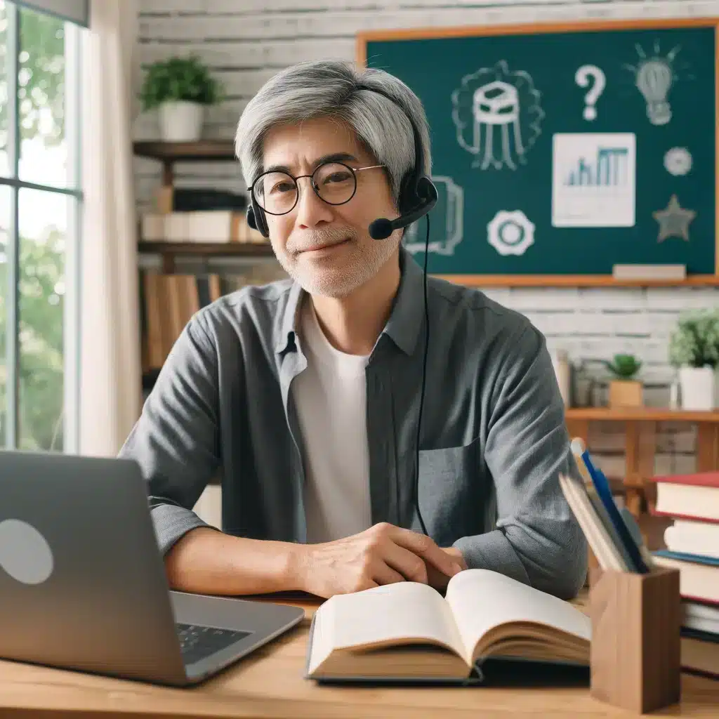 A senior Asian man conducting an online tutoring session from home, sitting at a desk with a laptop, headset, and a stack of books.