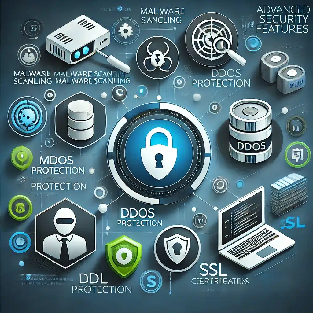 A professional and visually appealing image illustrating advanced security features for web hosting.